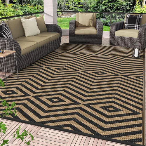Miniatura 16 de GENIMO Alfombra de exterior impermeable de 5 x 8 pies, alfombras reversibles, alfombra de área, alfombra de plástico para exteriores, alfombra Negro