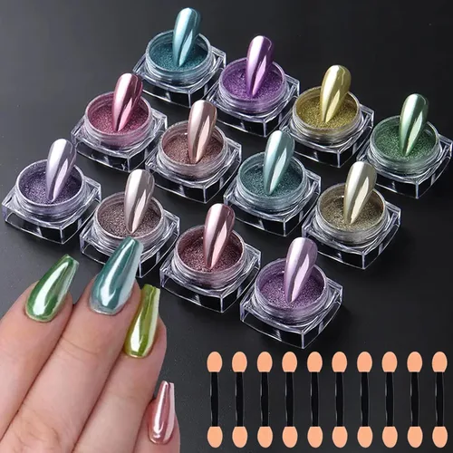 WOKOTO 12 tarros de polvo de uñas cromado para uñas, kit de polvo de perlas mágicas coloridas, efecto espejo, polvo holográfico metálico para uñas