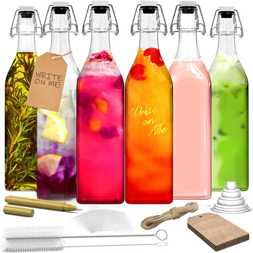Miniatura 13 de Nevlers Botellas de vidrio con tapa abatible de 33 onzas con tapones, botella de vidrio abatible con tapa, paquete de 6 botellas resellables de 1