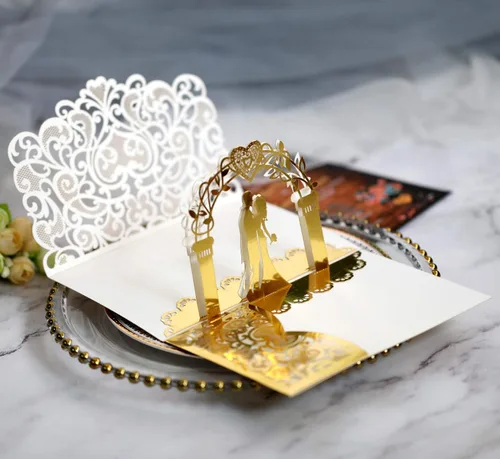 NC Paquete de 10 invitaciones de boda desplegables en 3D doradas, elegantes tarjetas de aniversario de diseño de novia y novio para celebraciones de