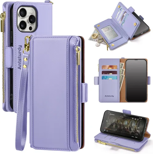 Miniatura 9 de Antsturdy Compatible con iPhone 15 Pro Max Funda Cartera para Mujeres【Bloqueo RFID】Funda de Teléfono Cruzada de Cuero PU con Cremallera y Correa