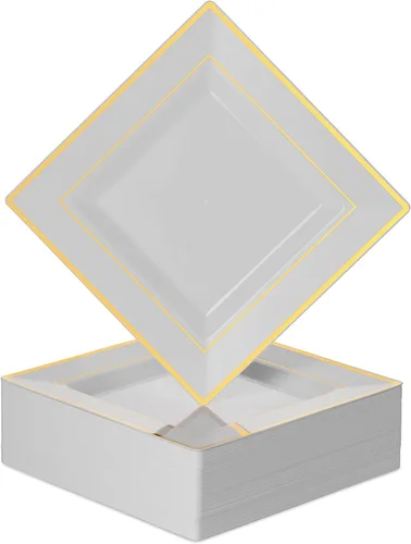 BloominGoods Platos cuadrados desechables de plástico para postre, paquete de 50 platos cuadrados de 6.5 pulgadas, color blanco con borde dorado,