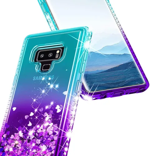Miniatura 3 de Funda para Samsung Galaxy Note 9 con protector de pantalla (cobertura máxima, película de TPU flexible), purpurina brillante que fluye con diamantes
