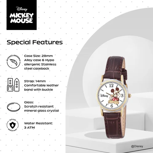 Miniatura 4 de Disney Mickey Watch - Watch for Women - Mickey Mouse Watches for Women Toys - 90s Mouse - Vintage - Articulating Hands - Gold Case - Brown Leather