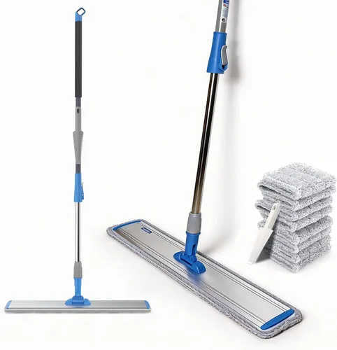 Trapeadores húmedos de microfibra de 24 pulgadas, trapeador de piso plano resistente, mango ajustable con 4 trapos lavables