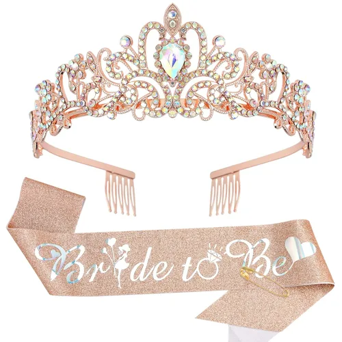 Miniatura 16 de Kit de corona de novia y corona de novia, decoraciones de CIEHER para despedida de soltera, oro rosa, corona de princesa para mujeres y niñas