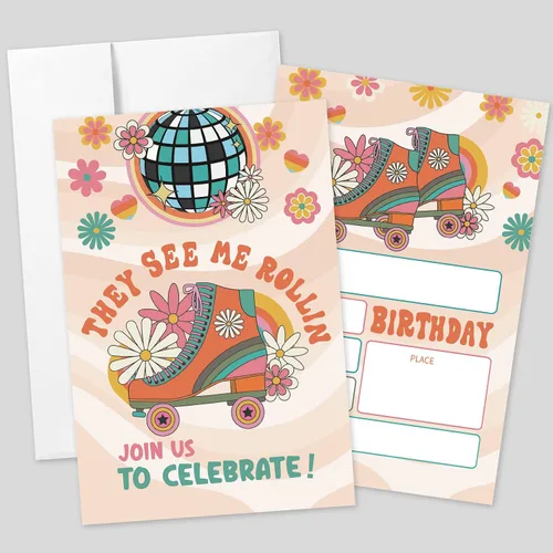 Miniatura 7 de 20 juegos de invitaciones de fiesta de cumpleaños de los años 50 con sobres, retro de los años 50 Jukebox a cuadros de doble cara impresas