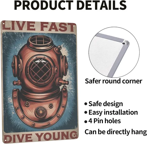 Miniatura 4 de Placa de pared retro para buceo, arte metálico de 8 x 12 pulgadas, diseño de aventura oceánica para casa de playa, sala de piscina y decoración