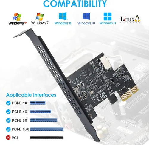 Miniatura 4 de Tarjeta de expansión PCI-E 1X a USB 3.2 GEN1 5Gbps Type-E A-Key, interfaz de panel frontal Type-C para PC de escritorio (ASM1042A)
