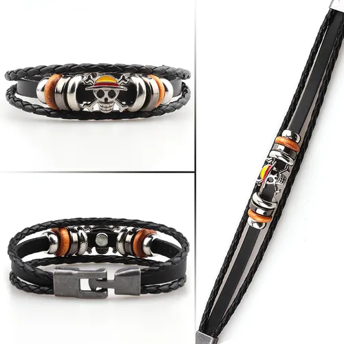 Miniatura 4 de Nuahyaz Pulseras de cuero de anime Sombrero de paja Luffy cráneo regimiento Pulsera de aleación punk, regalo de joyería de cosplay para fanáticos