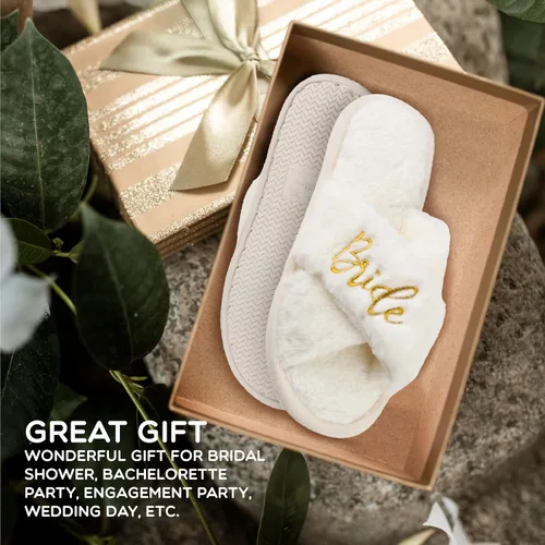 Miniatura 2 de Bride Slippers and Bridesmaid Slippers Bride Gifts for Bridal Shower, Bachelorette Party, Engagement Party, Wedding Day, etc. Cozy White Fur Bride