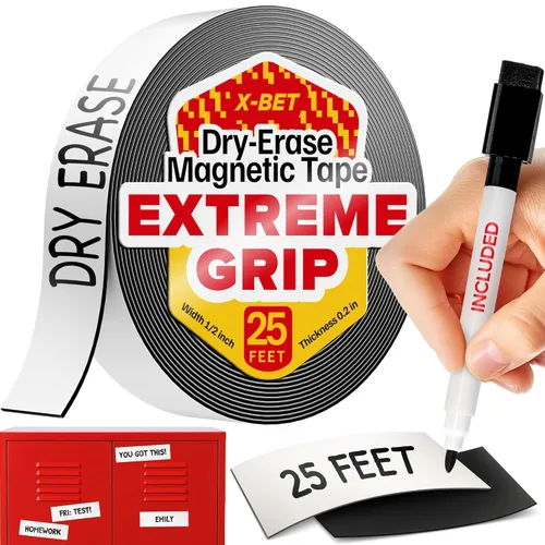X-bet MAGNET Tiras magnéticas – Rollo de cinta magnética de 1 pulgada x 25 pies – Imanes en blanco para escribir – Etiquetas adhesivas y calcomanías