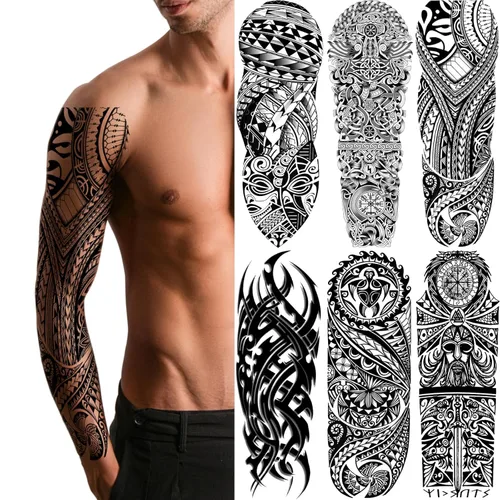 Miniatura 9 de Mangas temporales de tatuaje de bosque, brazo completo, lobo grande, león, animal, bosque, tribal, tatuajes falsos para hombres, mujeres y adultos