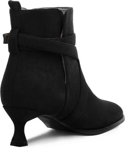 Miniatura 5 de MODENCOCO Vestido de gamuza para mujer, puntera redonda, correa de tobillo, hebilla de moda, tacón bajo, botas altas hasta el tobillo, 2 pulgadas