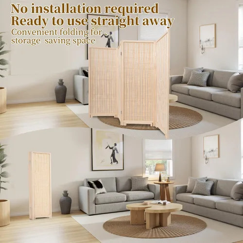 Miniatura 4 de Panel divisor de habitación de bambú con patas giratorias de 360°, 4 paneles de 47 pulgadas de alto, pantalla de privacidad plegable corta