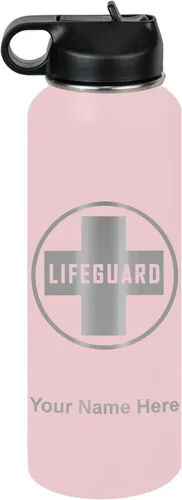 Miniatura 45 de LaserGram Botella de agua personalizada, salvavidas, acero inoxidable de doble pared aislada al vacío con popote superior, regalo grabado Negro
