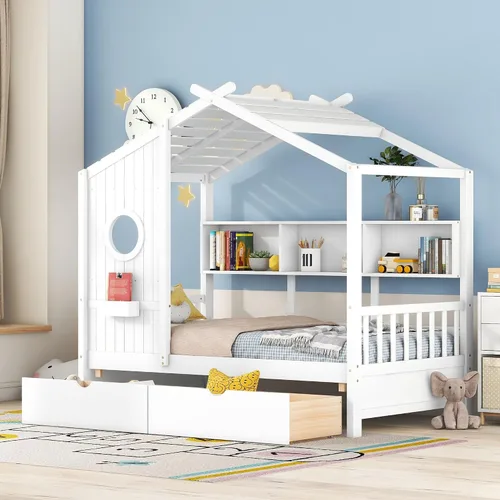 Miniatura 17 de Quarte Cama moderna de tamaño matrimonial con estantes de almacenamiento y cama nido de tamaño individual, sofá cama de madera para niños y niñas