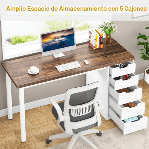 Miniatura 4 de Tribesigns Escritorio para Computadora con 5 Cajones, 47 pulgadas Escritorio de Oficina en Casa Marrón Rústico con Almacenamiento, Escritorio marrón