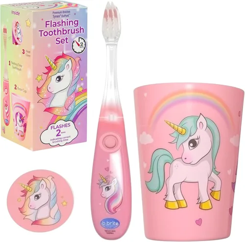Lily's Home Cepillo de dientes para niños con temporizador intermitente para niños con cerdas suaves, taza emergente y cubierta - Divertido cepillo