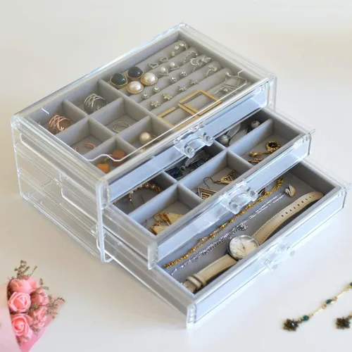 Miniatura 3 de HerFav Joyero de acrílico para mujer con 3 cajones para anillos, aretes y collares, estuche compacto para joyería, gris transparente
