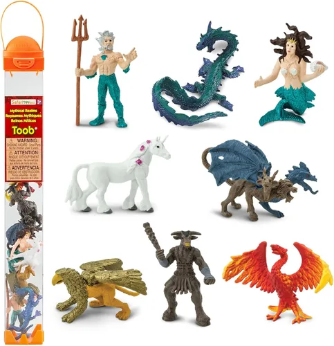 Safari Ltd. Reino mítico TOOB - 8 mini figuras: Quimera, Grifo, Fénix, Unicornio, Dragón marino, Minotauro, Poseidón y Sirena - Figuras de juguete
