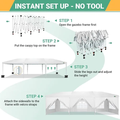 Miniatura 5 de COBIZI - Carpa plegable de 10 x 30 pies para fiestas con 8 paredes laterales, toldo instantáneo comercial impermeable, carpa de 10 x 30 pies
