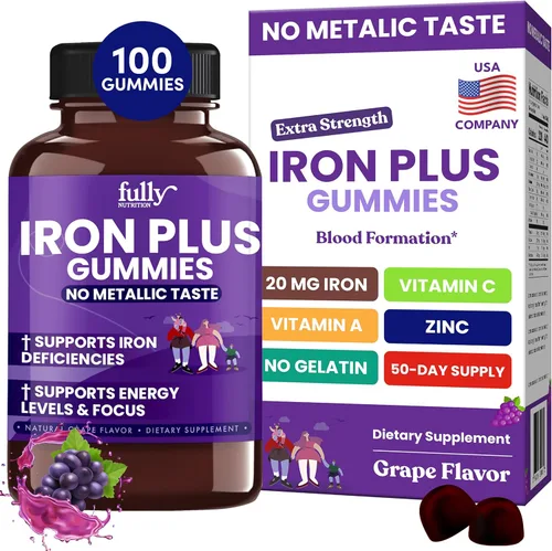 Suplementos de gomitas de hierro para adultos (mujeres, hombres) y niños, sabor a uva, apoya la anemia, los niveles de energía y enfoque, 100