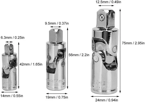 Miniatura 6 de Juego de 3 adaptadores de enchufe universal de acero templado de 1/4 pulgadas 3/8 pulgadas 1/2 pulgadas Kit de enchufe giratorio herramientas