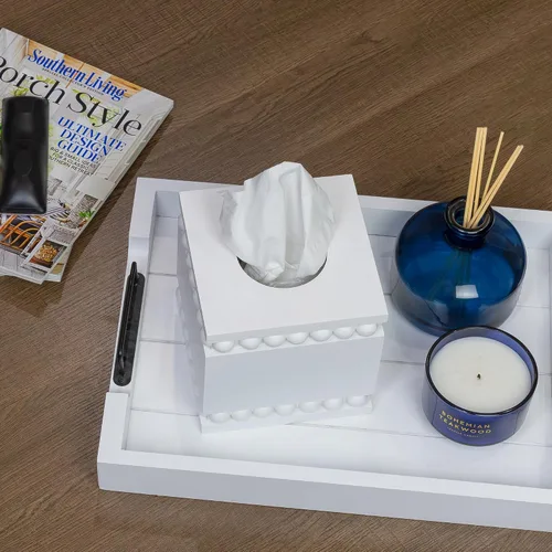 Miniatura 8 de AuldHome Design Cubierta cuadrada para caja de pañuelos con cuentas (blanca); soporte de pañuelos de madera rústico de granja