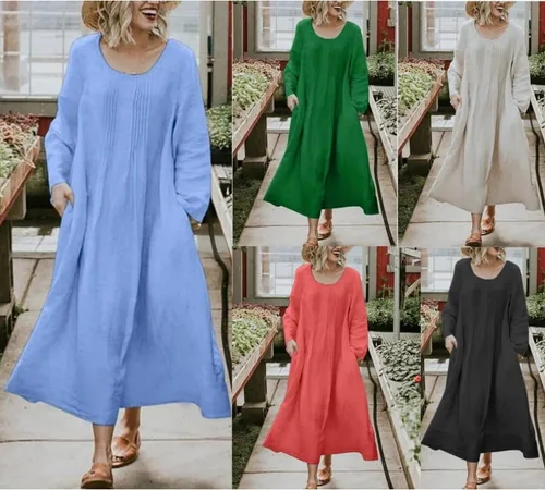 Miniatura 3 de Akivide Womens Cotton Linen Long Sleeve Loose Maxi Dress Plus Size Casual Flowy Pleated Crewneck Beach Dress with Pocket