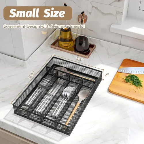 Miniatura 2 de Sedegn Organizador de cubiertos de malla de metal, organizador de cajones pequeños, bandeja de cubiertos para cajones de cocina, organizador de Negro