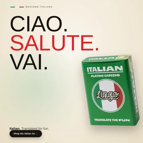 Miniatura 8 de Lingo Naipes italianos en lata de viaje premium Aprende vocabulario y frases italianas para adultos y principiantes Edición de caja de regalo