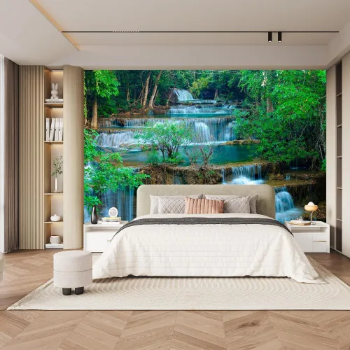 Miniatura 3 de Papel pintado de cascada de bosque, diseño cálido de plantas tropicales, papel tapiz Art Deco, para sala de estar, fondo de televisión, no se pega