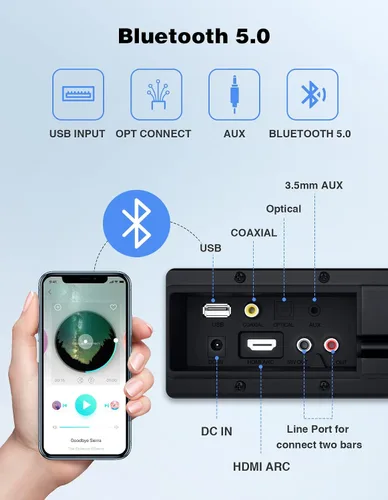 Miniatura 6 de Puxinat Barra de sonido separable 2 en 1 para Smart TV, altavoz de TV Bluetooth 5.0 de 2.2 canales de 32 pulgadas para sistema de sonido envolvente
