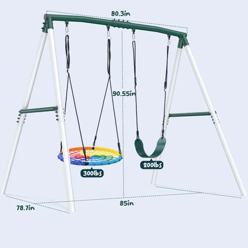 Miniatura 6 de Hapfan Juego de columpios de 7.5 pies de alto para patio trasero, juego de columpio de metal resistente de 500 libras para niños y adultos con Verde