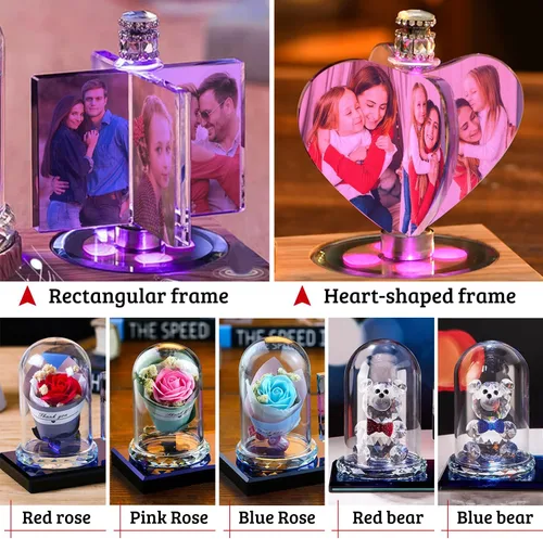 Miniatura 5 de Luz de foto personalizada mexicana LED rosa flor cristal rectangular foto marco personalidad luz 3D cristal foto marco regalo de Navidad, AZUL