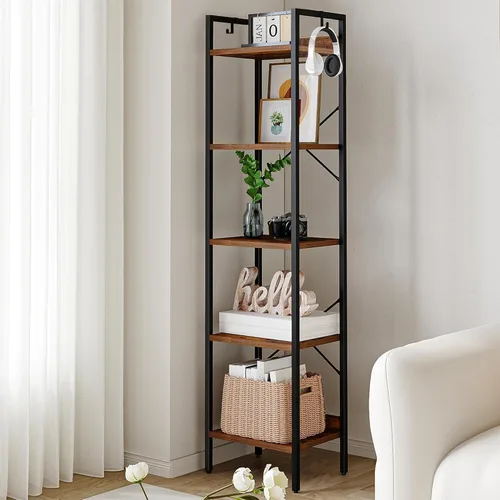 Miniatura 14 de Hzuaneri Estantería para libros, estantería industrial con 2 ganchos, organizador de almacenamiento para oficina en casa, sala de estar, dormitorio