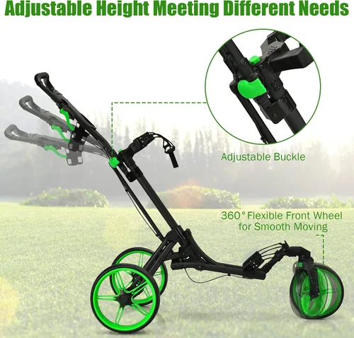 Miniatura 3 de GYMAX Carrito de golf plegable con rueda delantera giratoria, carrito de golf ajustable de 3 ruedas, carrito de golf compacto fácil de plegar