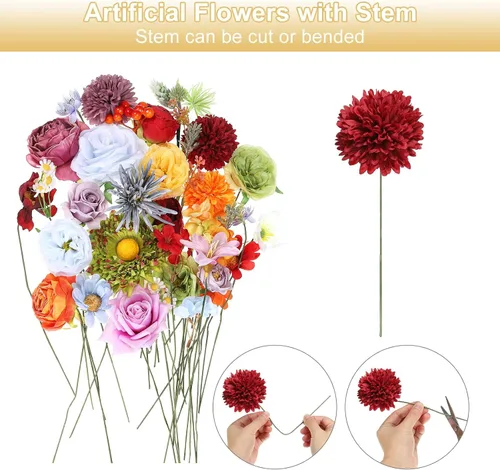 Miniatura 4 de PATIKIL Juego de cajas combinadas de flores artificiales, mezcla de seda con tallos de flores artificiales para ramos de bricolaje, decoración