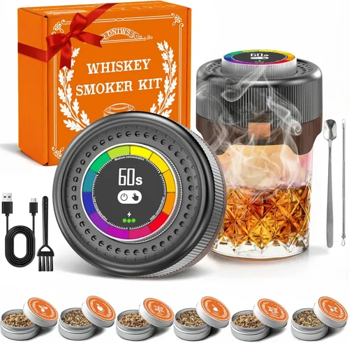 Kit de ahumador eléctrico de whisky con control de humo ajustable (0–60s), kit de ahumador de cóctel con 6 virutas de madera, no necesita butano,