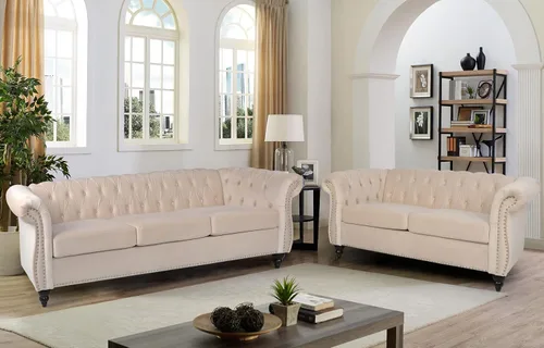 Miniatura 11 de RARZOE Chesterfield - Juego de sofá biplaza, beige, espuma, 1+2 plazas, 67 pulgadas de ancho x 32 pulgadas de profundidad x 27 pulgadas de alto