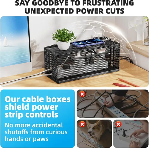 Miniatura 4 de Marbrasse Paquete de 3 cajas de organización de cables, caja organizadora de cables de malla metálica para cables de TV, ocultación eléctrica