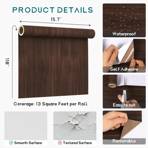 Miniatura 8 de VEELIKE Papel de contacto de madera de nogal de mediados de siglo de 15.7 x 118 pulgadas, papel de contacto de madera de nogal de mediados de siglo