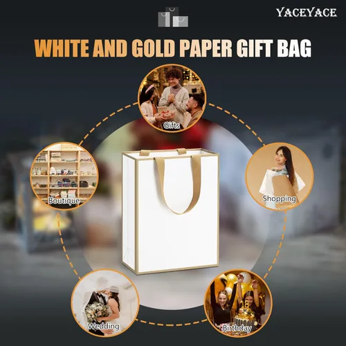 Miniatura 7 de Bolsas de regalo blancas con marco dorado, 20 unidades, 8 x 4.25 x 10.5 pulgadas, medianas y blancas y doradas, elegantes bolsas de regalo de lujo