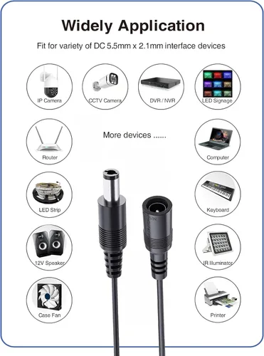 Miniatura 6 de Paquete de 2 cables de extensión de alimentación VOLTKARE de 12 V CC, conectores macho a hembra de 0.217 x 0.083 in, cable adaptador de corriente