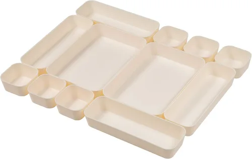 Juego de 12 organizadores de cajones de escritorio de plástico de color beige para maquillaje, baño, oficina, cocina, cajón, caja de almacenamiento