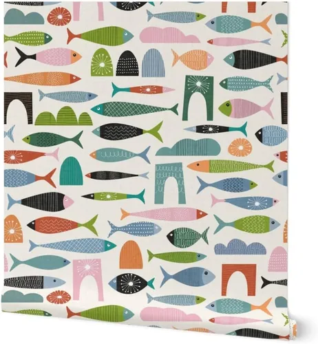 Papel tapiz extraíble de 12 x 2 pies – Juguetes para gatos de mediados de siglo, peces modernos abstractos, coloridos, juguetones, caprichosos,