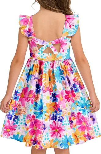 Miniatura 11 de Vieille Vestido de verano para niñas pequeñas, con volantes, manga corta, lindo vestido de sirena sin espalda para niños, vestido de playa casual