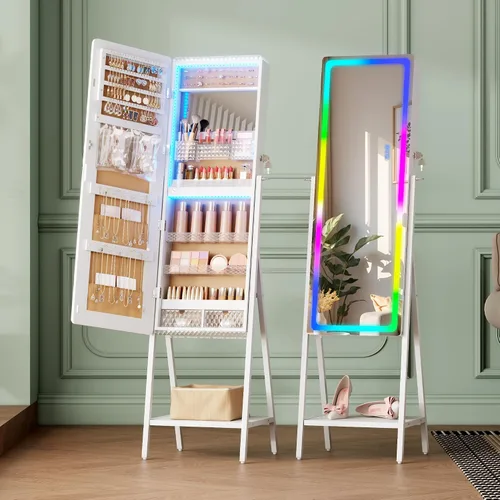 Miniatura 2 de LVSOMT Armario con espejo LED RGB para joyería, organizador de joyas de pie, espejo de cuerpo entero con almacenamiento de joyas, espejo de piso