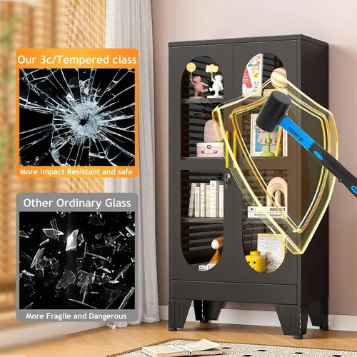 Miniatura 5 de PAOFIN Vitrina de Exhibición con Cerradura de 47" de Alto con Puerta de Vidrio, Gabinetes de Metal con 3 Estantes Ajustables, Gabinete Vitrina